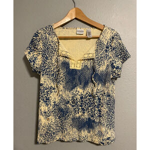 Womens Top Size Large Blue Abstract Print Crochet Trim Peasant Boho Y2K READ